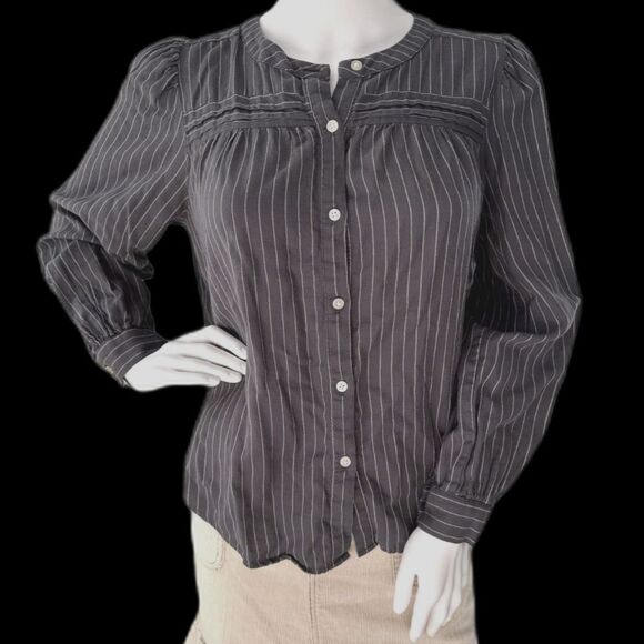 Loft 100% Cotton Modest Grey Striped Pleated Blouse size Petite Small - Picture 1 of 8